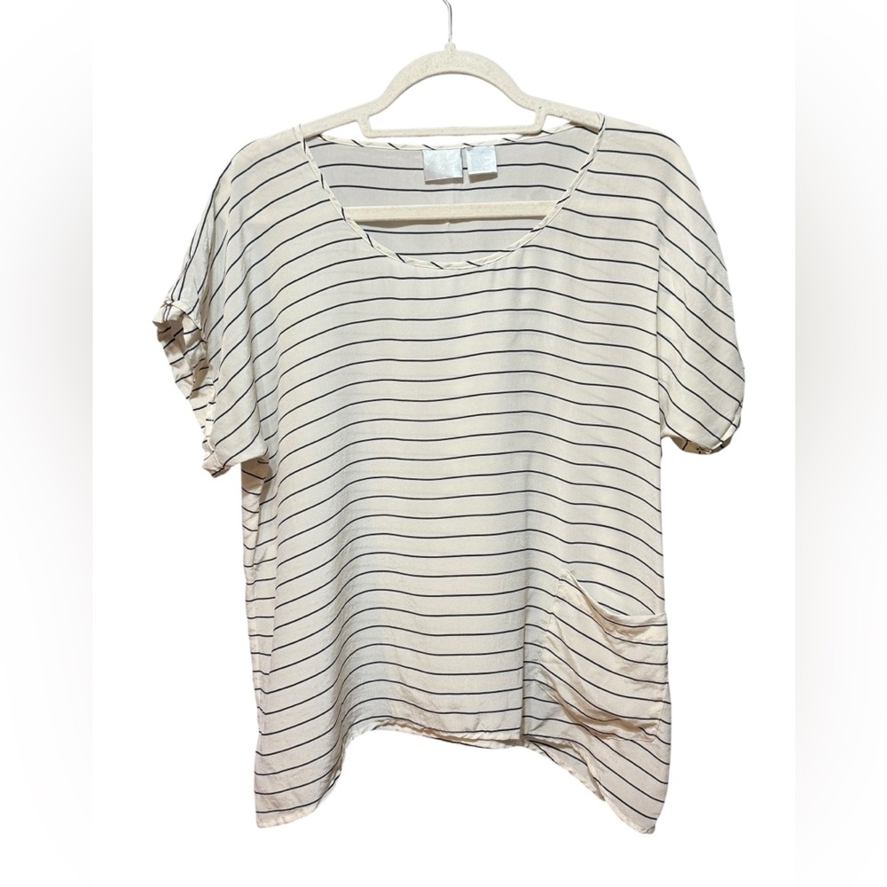 LiLu 100% Silk Short Sleeve Crew‎ Neck Blouse Sz XS Ivory Black Striped